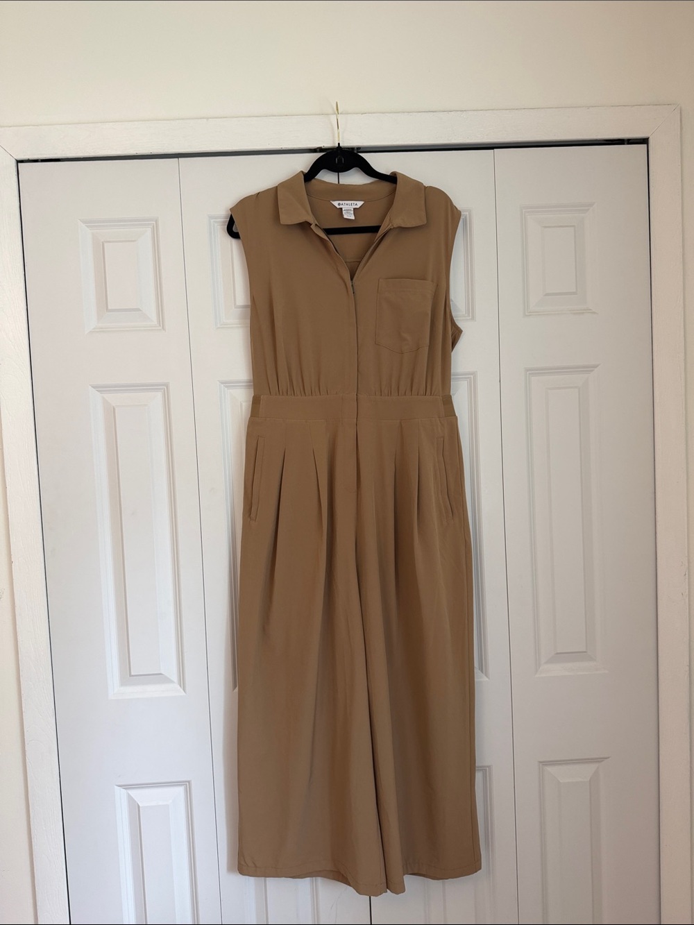 Athleta Tan Sleeveless Zip-Front Cropped Jumpsuit